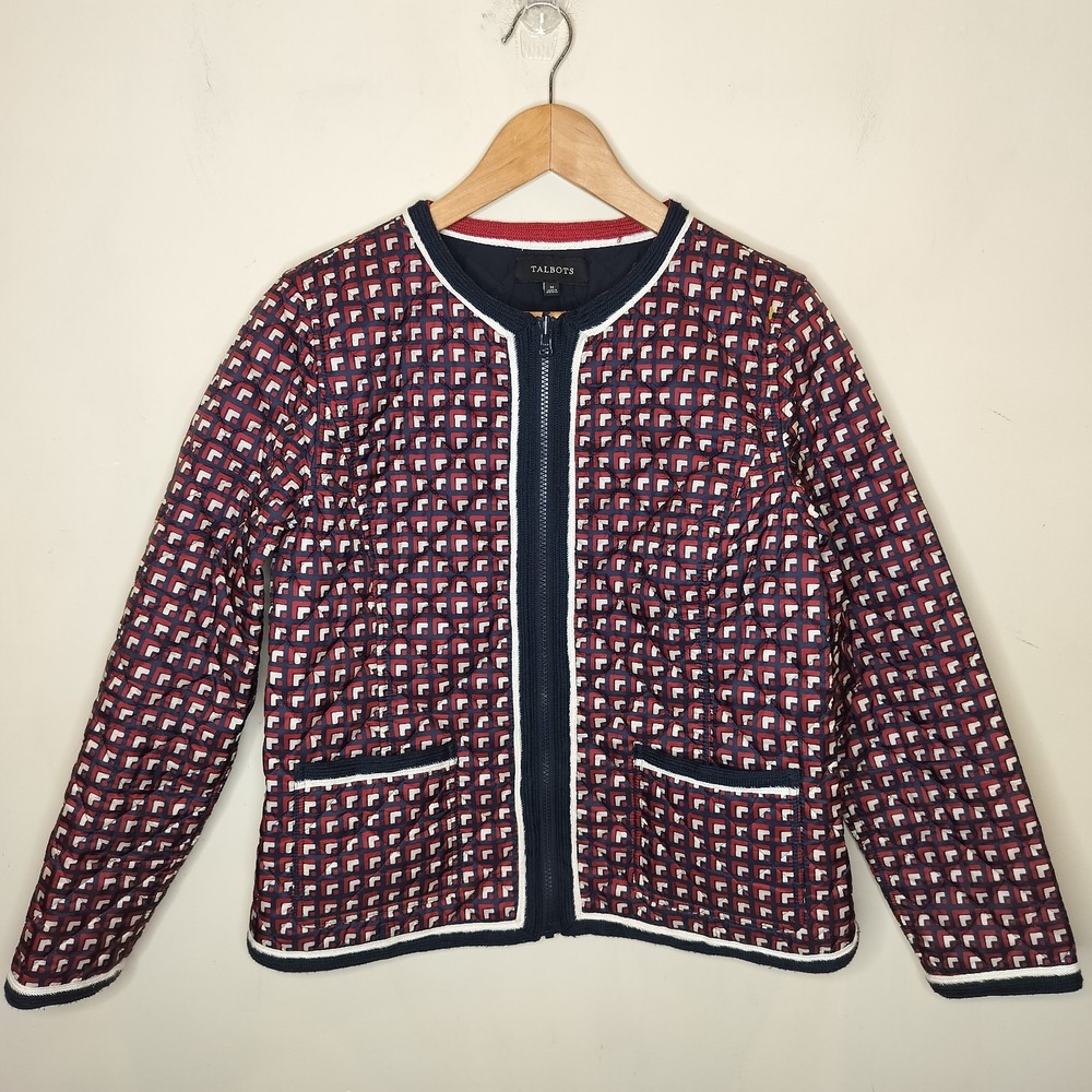 Talbots Reversible Jacket Red Navy Geometric Zip … - image 1